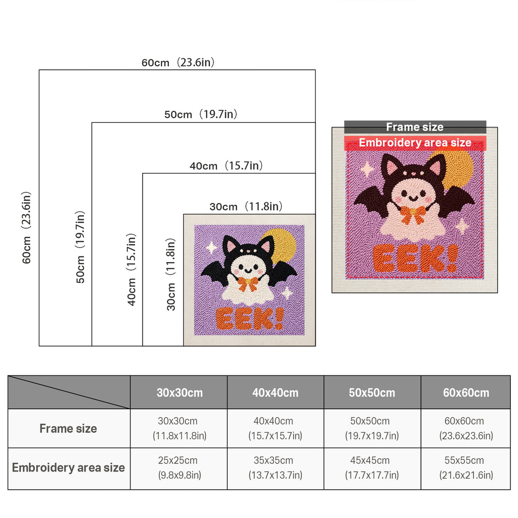 Size chart for square punch needle kits from 30 x 30 cm to 60 x 60 cm