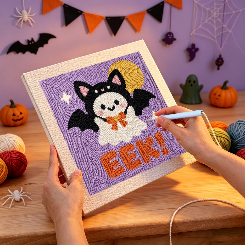 Punching the Eek Bat Ghost design with the punch needle