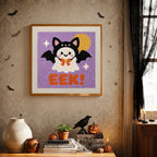 Finished Eek Bat Ghost punch needle canvas on a wall