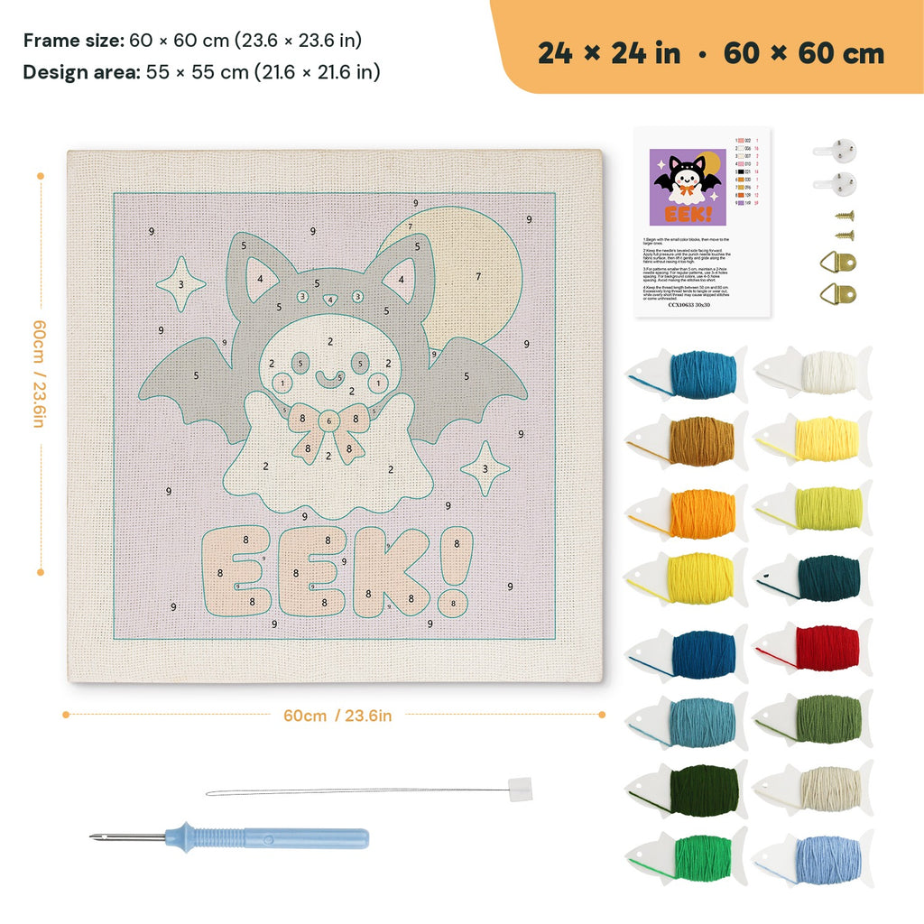 Eek Bat Ghost punch needle kit, 24 × 24 in (60 × 60 cm): canvas size and kit contents