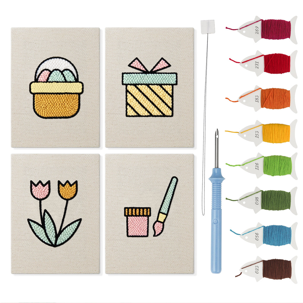 Egg Basket Spring mini punch needle kit set: four finished canvases with threads, punch needle and threader