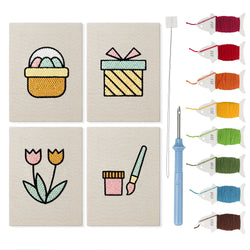 Egg Basket Spring mini punch needle kit set: four finished canvases with threads, punch needle and threader