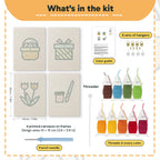 What is in the Egg Basket Spring set: 4 printed canvases, punch needle, threader, threads, color guide and 4 sets of hangers (6 × 8 in (15 × 20 cm) each)