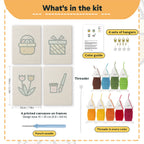 What is in the Egg Basket Spring set, 8 × 12 in (20 × 30 cm) each: 4 printed canvases, punch needle, threader, threads, color guide and 4 sets of hangers