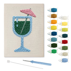 Emerald Cocktail Glass punch needle kit: finished canvas with threads, punch needle and threader