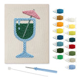 Emerald Cocktail Glass punch needle kit: finished canvas with threads, punch needle and threader