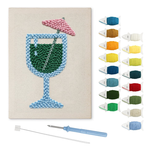 Emerald Cocktail Glass punch needle kit: finished canvas with threads, punch needle and threader