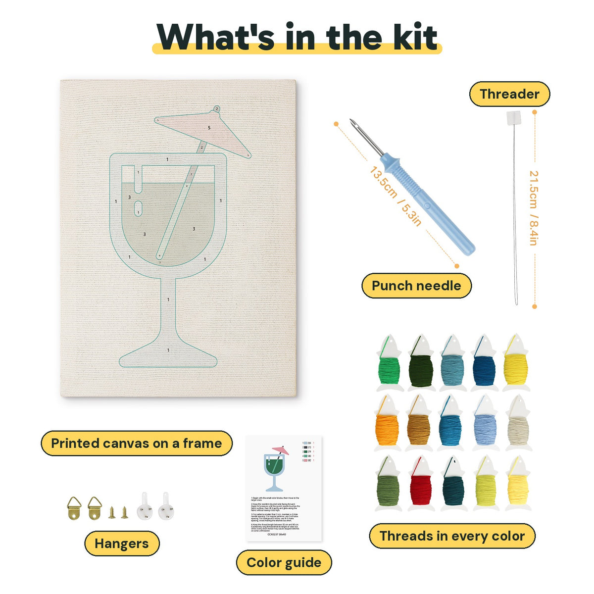 What is in the Emerald Cocktail Glass kit: printed canvas, punch needle, threader, threads, color guide and hangers