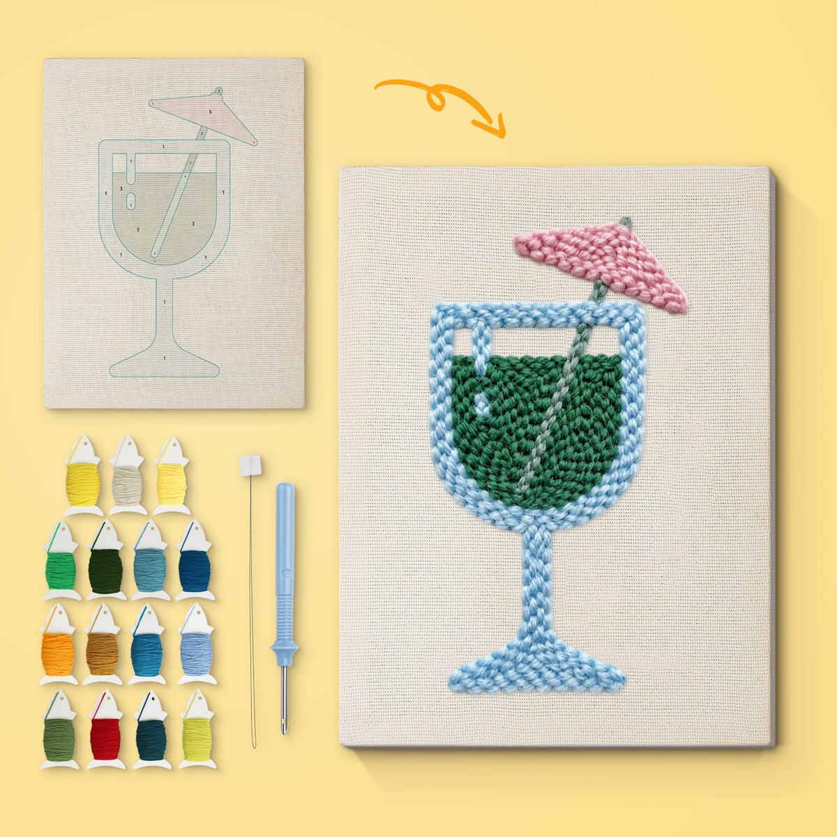 Emerald Cocktail Glass canvas before and after punching, with the threads and tools