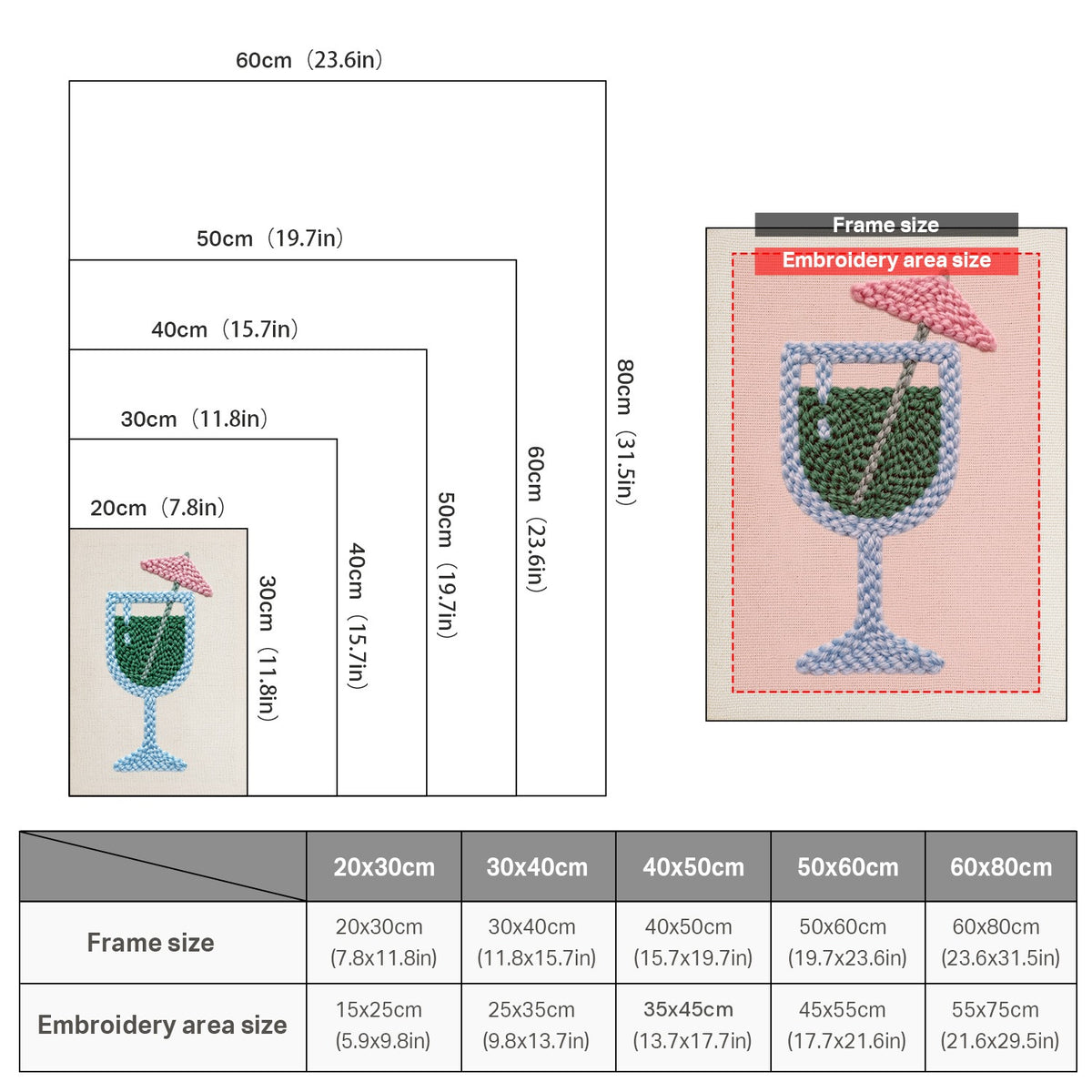 Size chart for punch needle kits from 20 x 30 cm to 60 x 80 cm