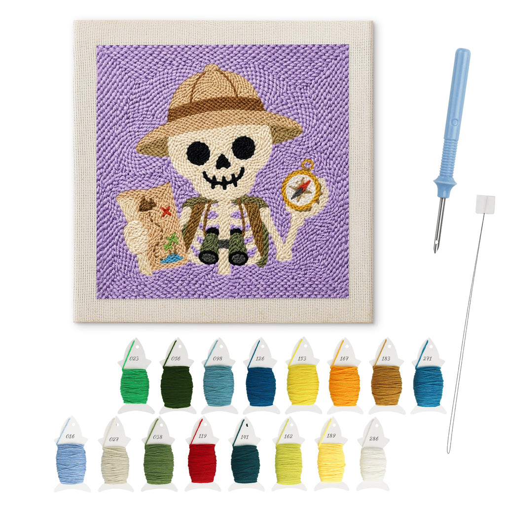 Explorer Skeleton punch needle kit: finished canvas with threads, punch needle and threader