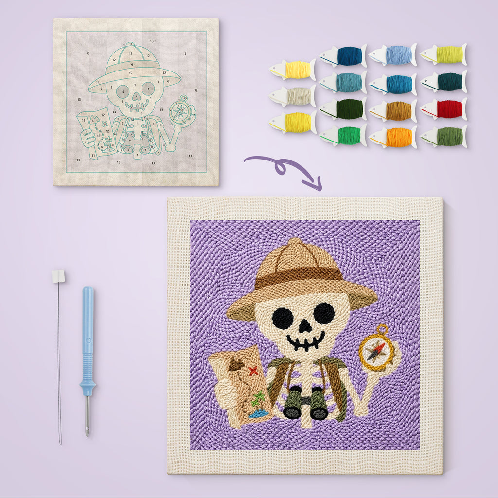 Explorer Skeleton canvas before and after punching, with the threads and tools