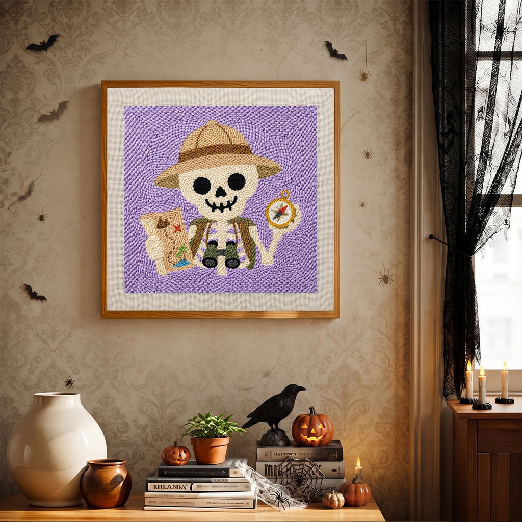 Finished Explorer Skeleton punch needle canvas on a wall