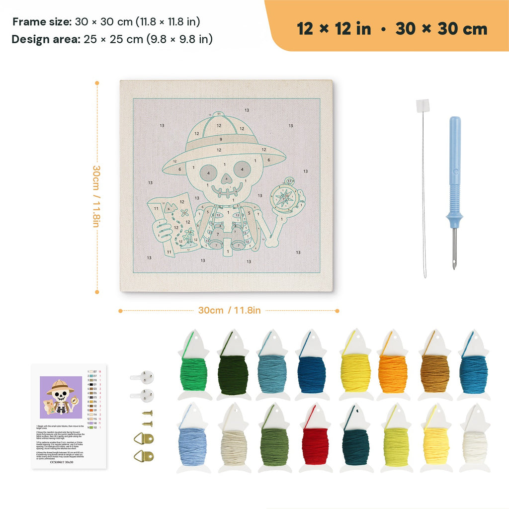 Explorer Skeleton punch needle kit, 12 × 12 in (30 × 30 cm): canvas size and kit contents