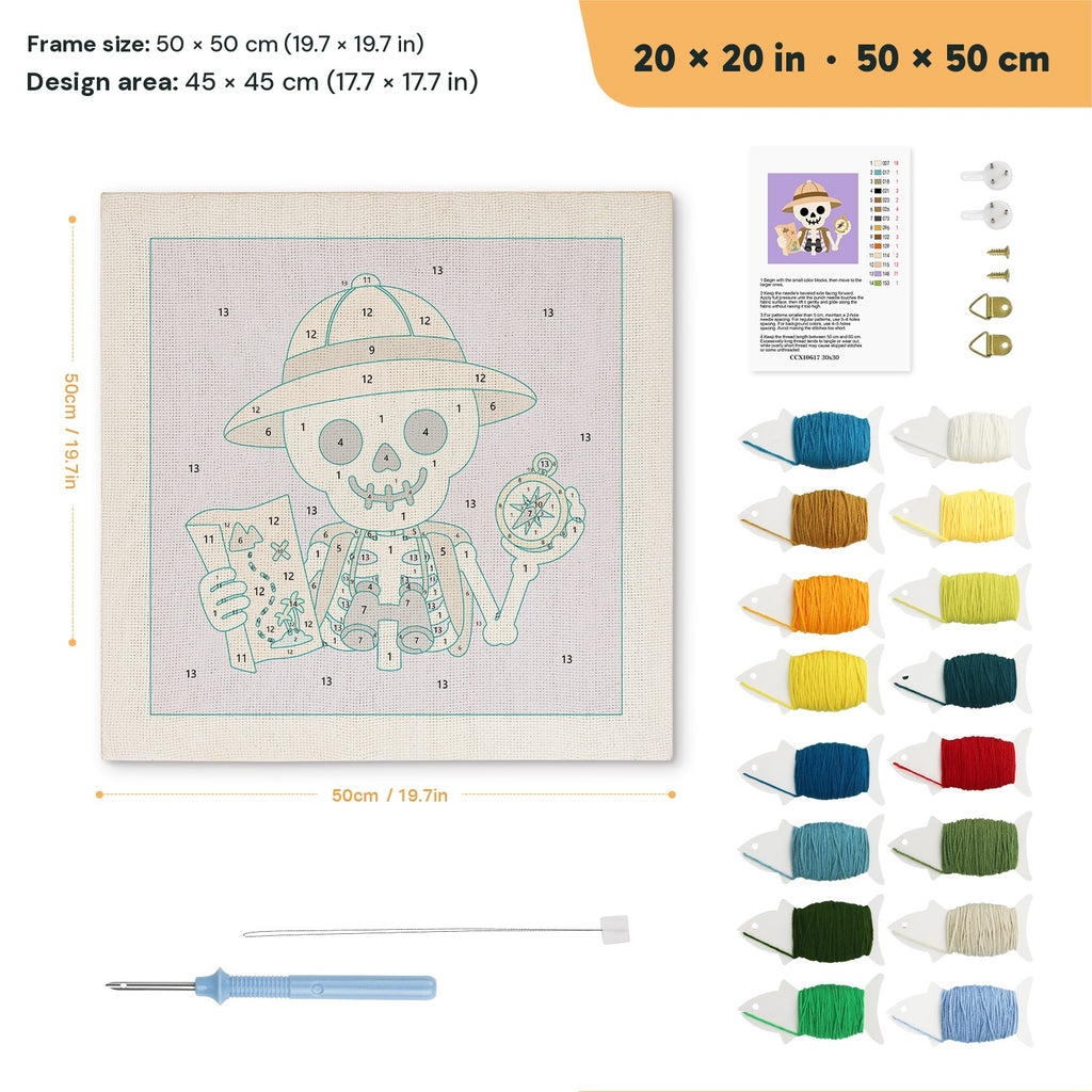 Explorer Skeleton punch needle kit, 20 × 20 in (50 × 50 cm): canvas size and kit contents