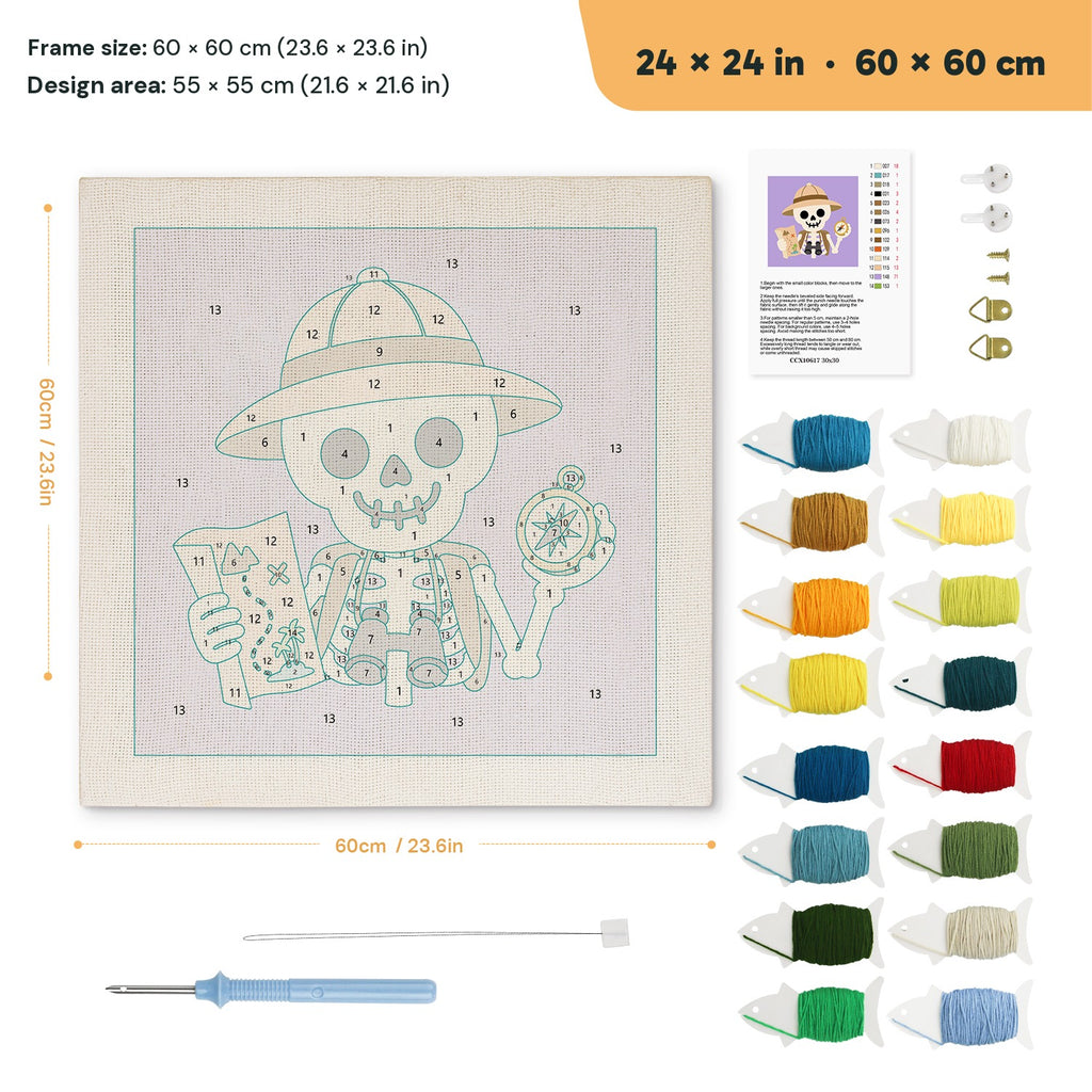 Explorer Skeleton punch needle kit, 24 × 24 in (60 × 60 cm): canvas size and kit contents