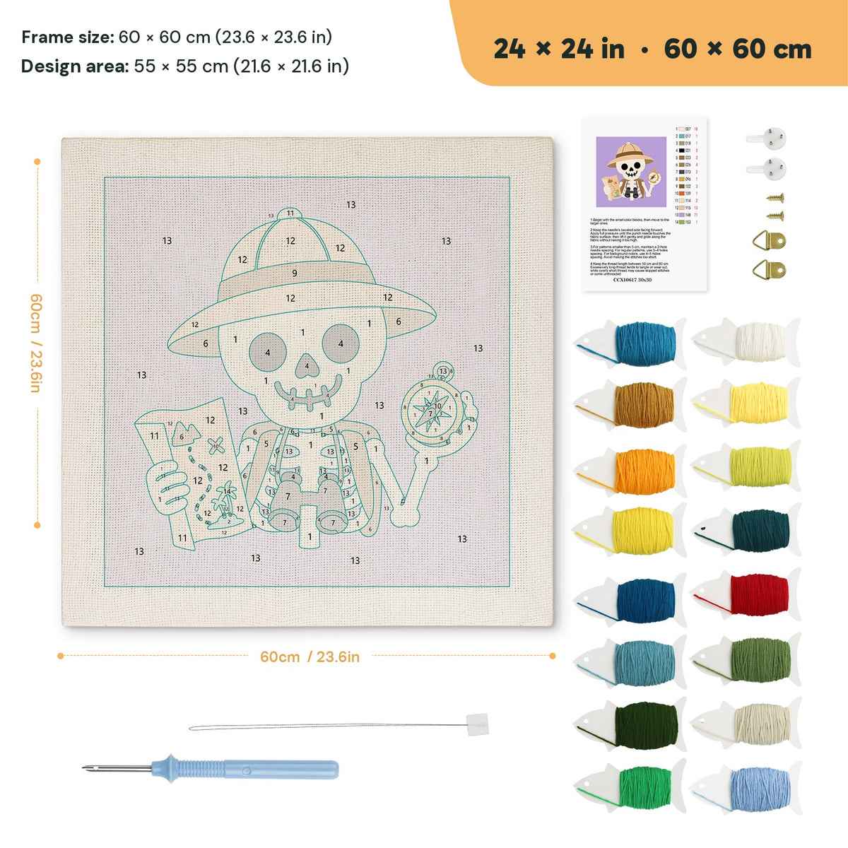 Explorer Skeleton punch needle kit, 24 × 24 in (60 × 60 cm): canvas size and kit contents