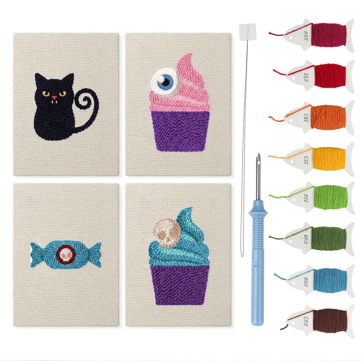 Eyeball Cupcakes mini punch needle kit set: four finished canvases with threads, punch needle and threader