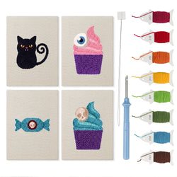 Eyeball Cupcakes mini punch needle kit set: four finished canvases with threads, punch needle and threader
