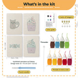 What is in the Eyeball Cupcakes set: 4 printed canvases, punch needle, threader, threads, color guide and 4 sets of hangers (6 × 8 in (15 × 20 cm) each)