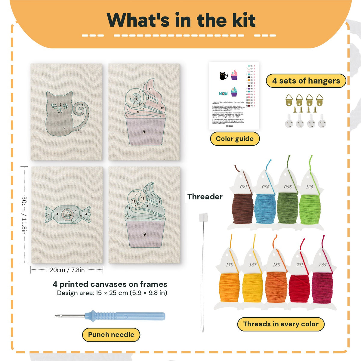 What is in the Eyeball Cupcakes set, 8 × 12 in (20 × 30 cm) each: 4 printed canvases, punch needle, threader, threads, color guide and 4 sets of hangers