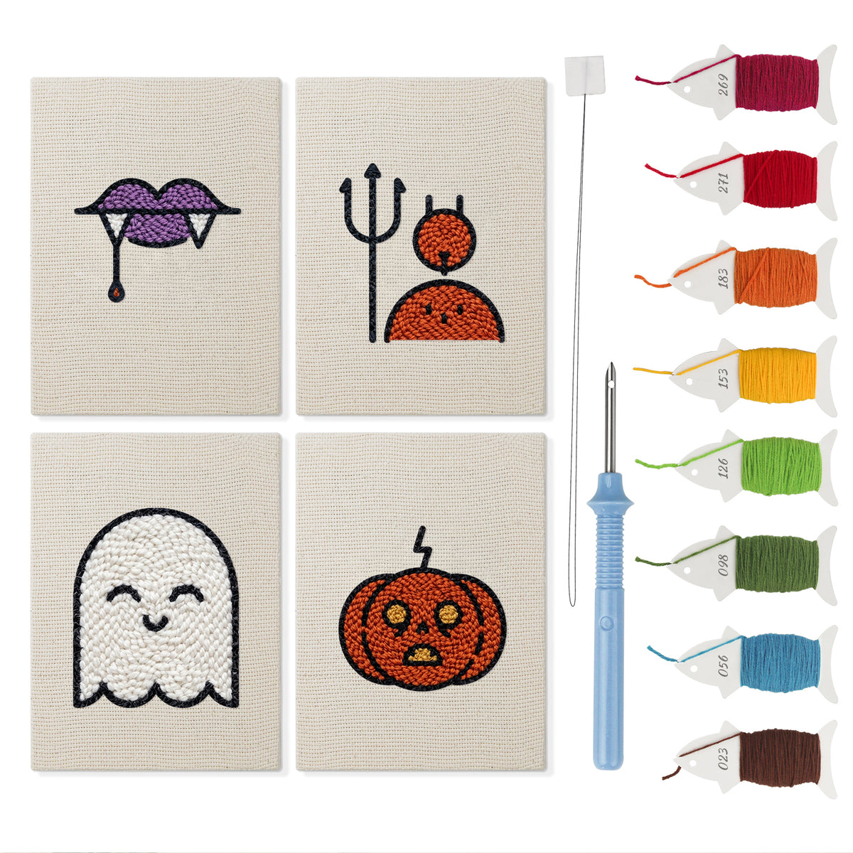 Fangs and Ghost mini punch needle kit set: four finished canvases with threads, punch needle and threader