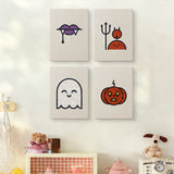 The four Fangs and Ghost mini canvases on a wall above a shelf