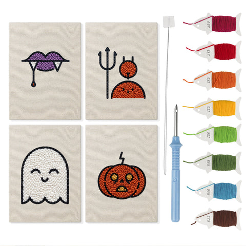 Fangs and Ghost mini punch needle kit set: four finished canvases with threads, punch needle and threader