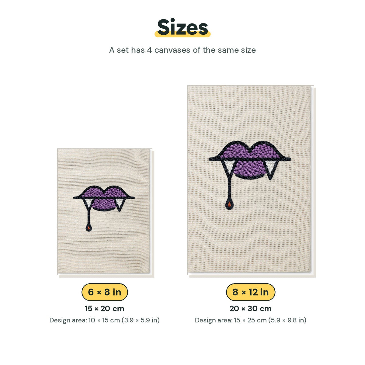 Size chart for the two mini canvas sizes: 6 x 8 in and 8 x 12 in
