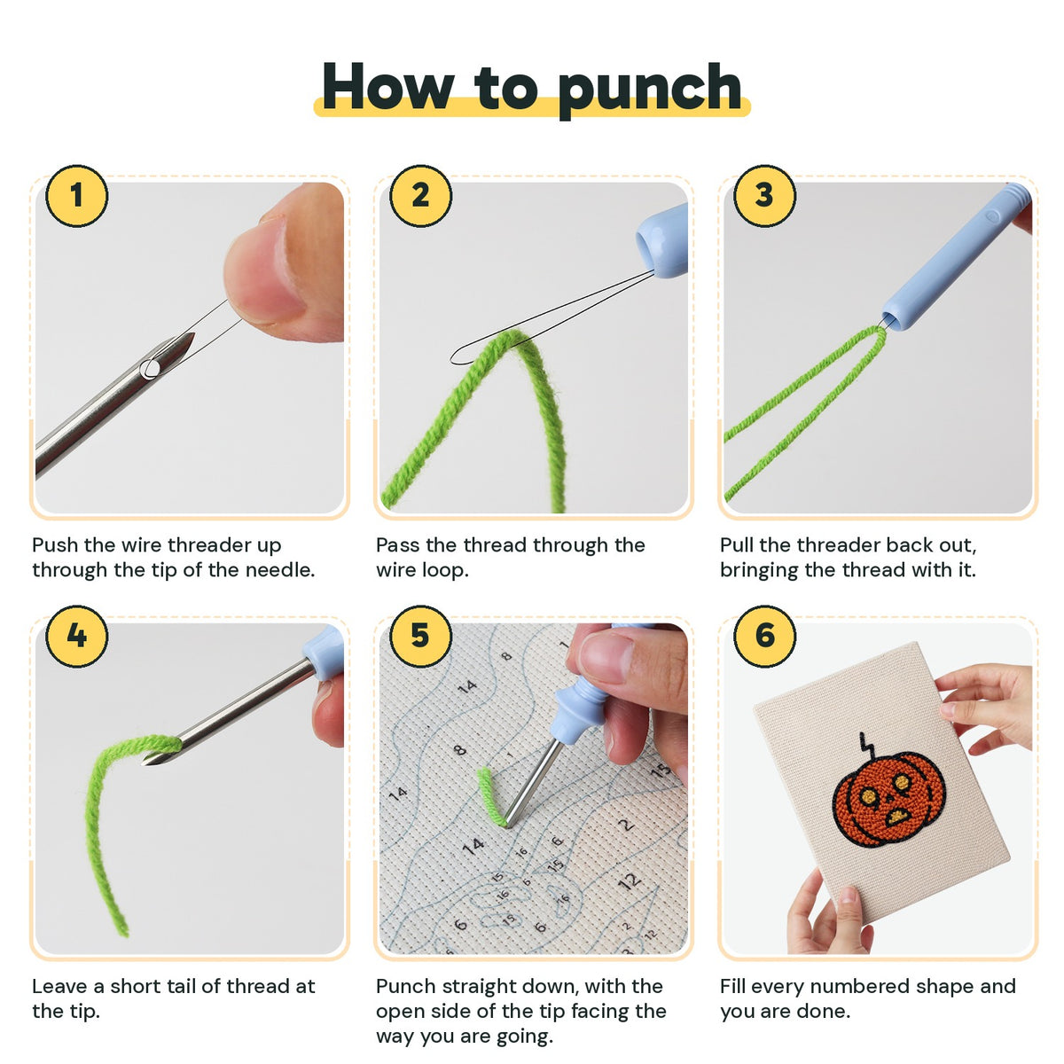 Six steps showing how to thread and use the punch needle