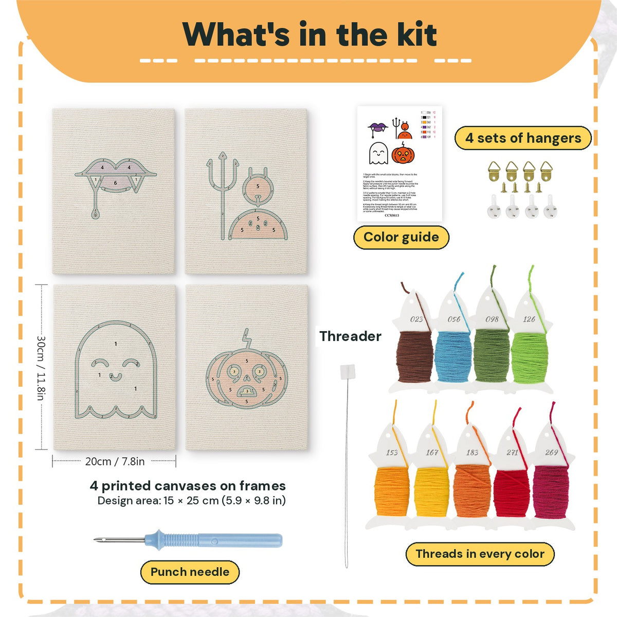 What is in the Fangs and Ghost set, 8 × 12 in (20 × 30 cm) each: 4 printed canvases, punch needle, threader, threads, color guide and 4 sets of hangers