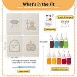 What is in the Fangs and Ghost set, 8 × 12 in (20 × 30 cm) each: 4 printed canvases, punch needle, threader, threads, color guide and 4 sets of hangers