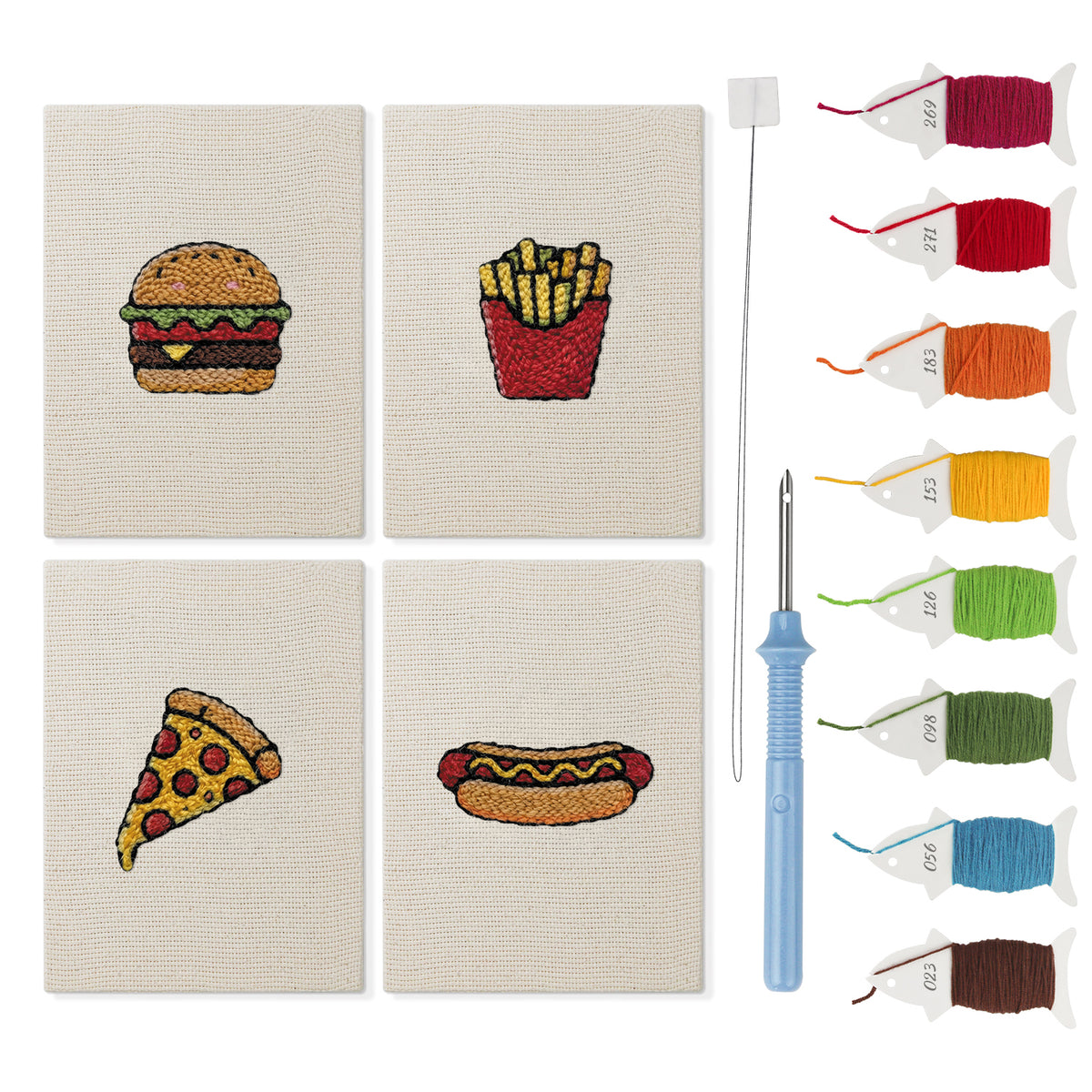 Fast Food Favorites mini punch needle kit set: four finished canvases with threads, punch needle and threader
