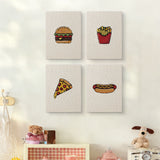 The four Fast Food Favorites mini canvases on a wall above a shelf