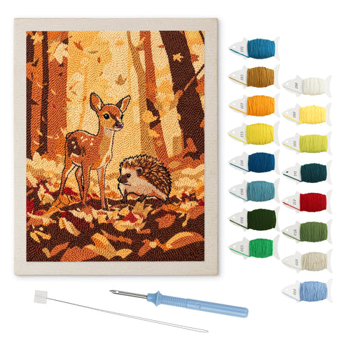 Fawn and Hedgehog punch needle kit: finished canvas with threads, punch needle and threader