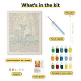What is in the Fawn and Hedgehog kit: printed canvas, punch needle, threader, threads, color guide and hangers