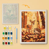 Fawn and Hedgehog canvas before and after punching, with the threads and tools