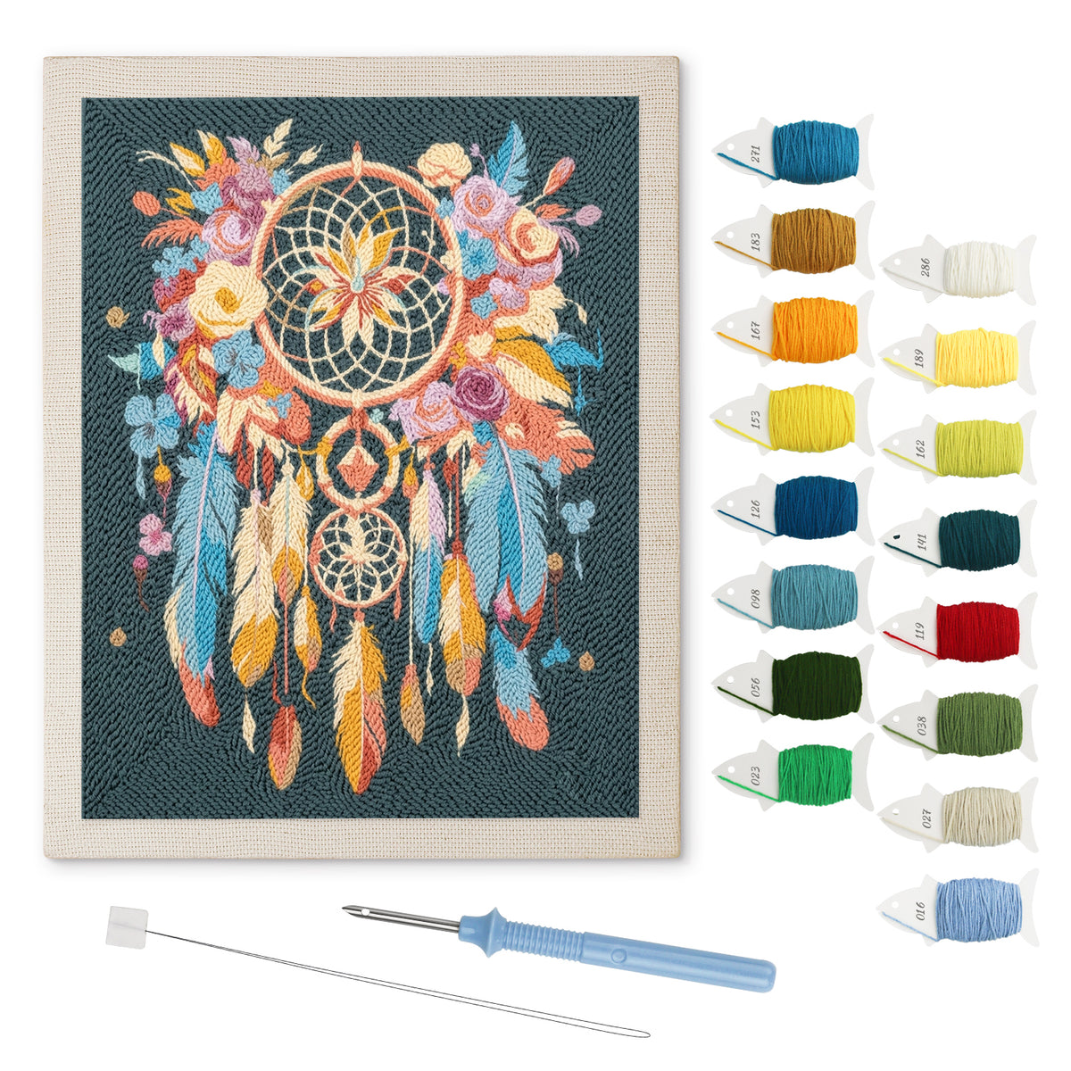 Feather Dreamcatcher punch needle kit: finished canvas with threads, punch needle and threader