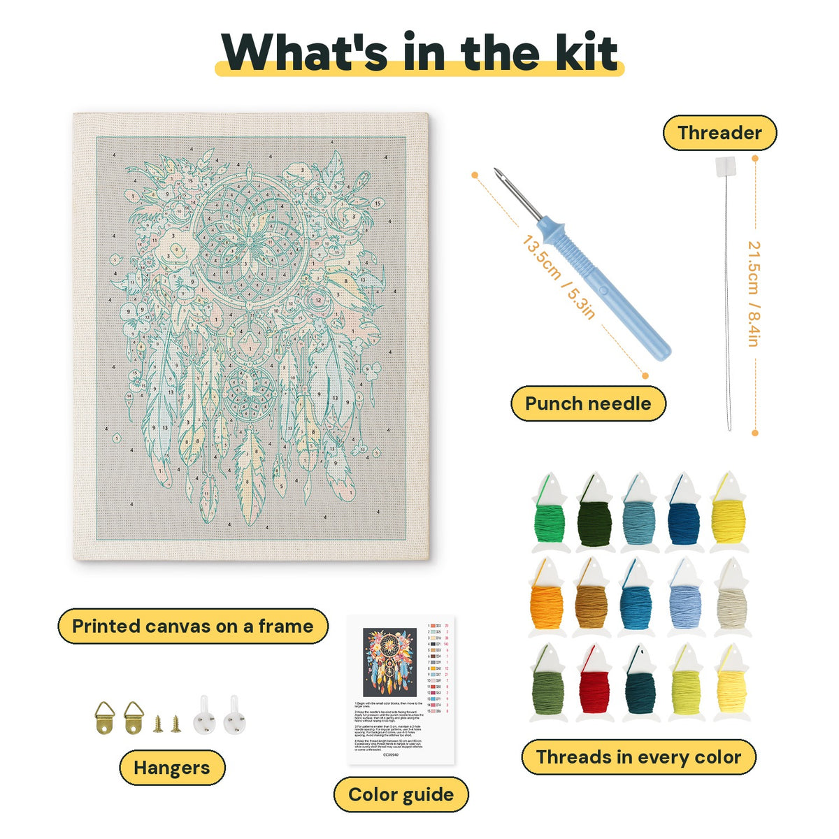 What is in the Feather Dreamcatcher kit: printed canvas, punch needle, threader, threads, color guide and hangers