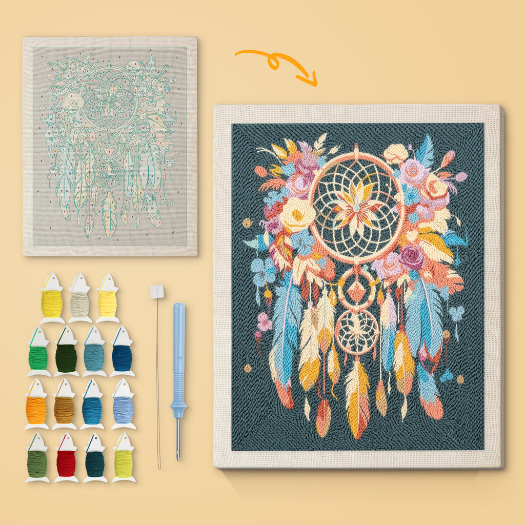 Feather Dreamcatcher canvas before and after punching, with the threads and tools
