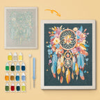 Feather Dreamcatcher canvas before and after punching, with the threads and tools