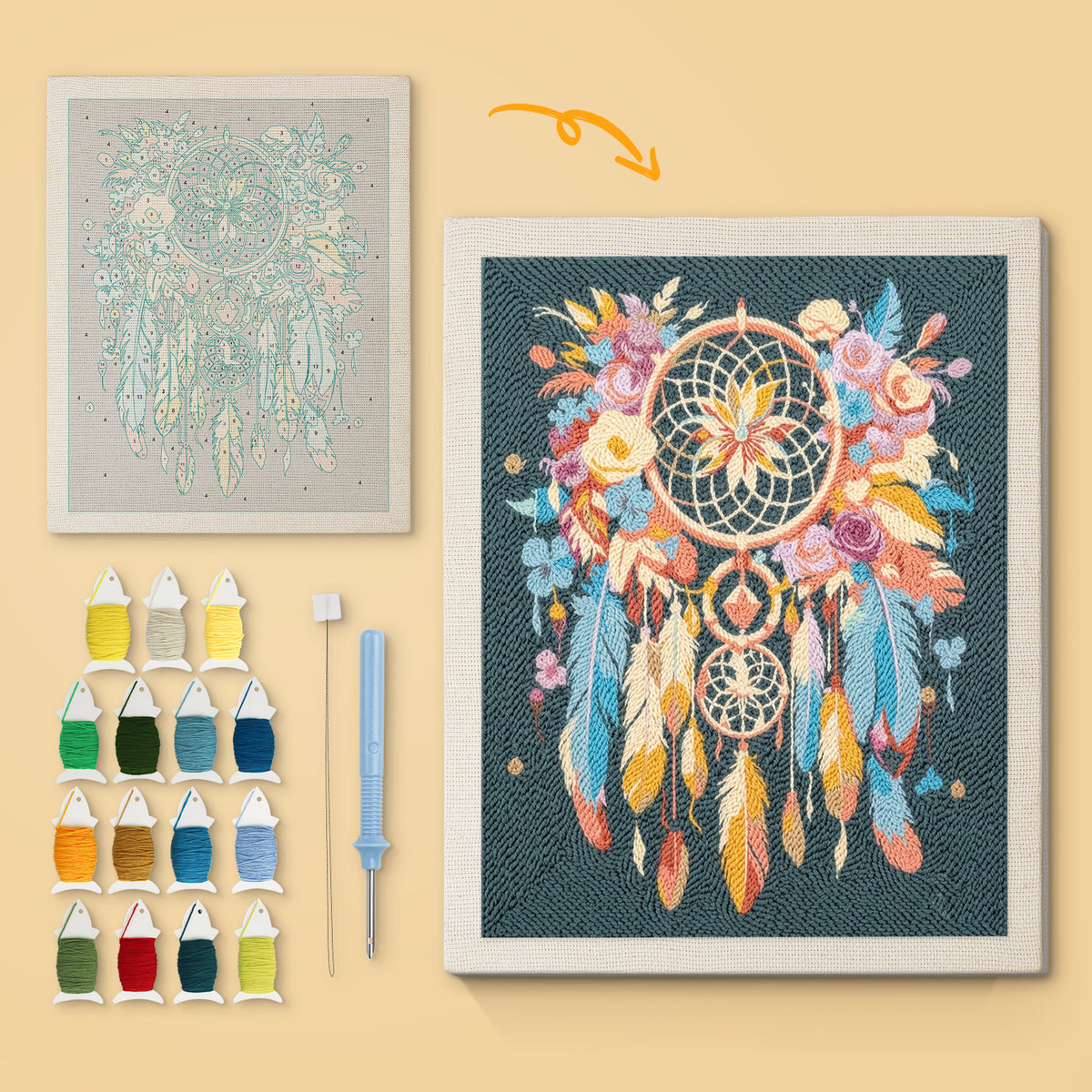 Feather Dreamcatcher canvas before and after punching, with the threads and tools