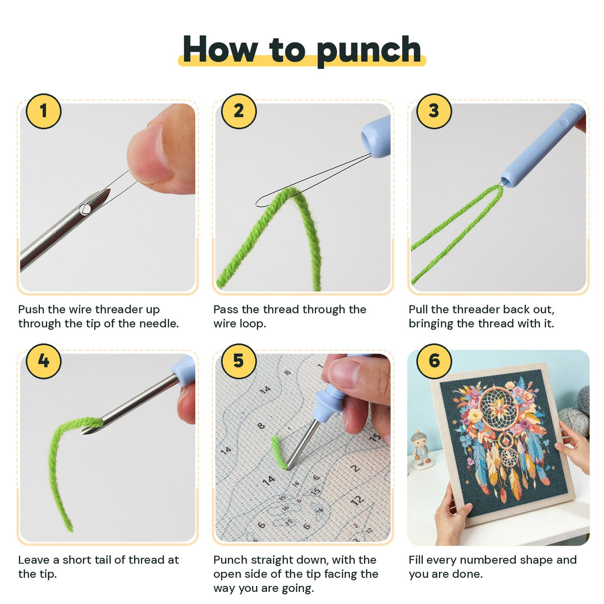 Six steps showing how to thread and use the punch needle