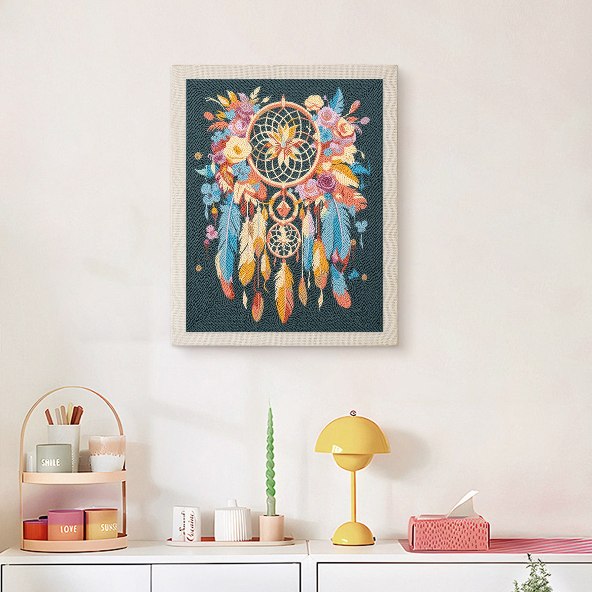 Finished Feather Dreamcatcher punch needle canvas on a wall