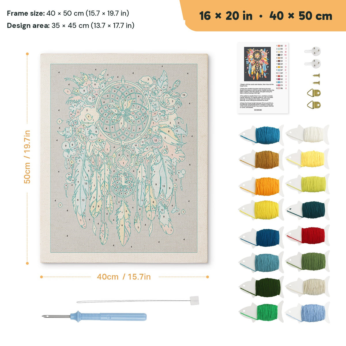 Feather Dreamcatcher punch needle kit, 16 × 20 in (40 × 50 cm): canvas size and kit contents