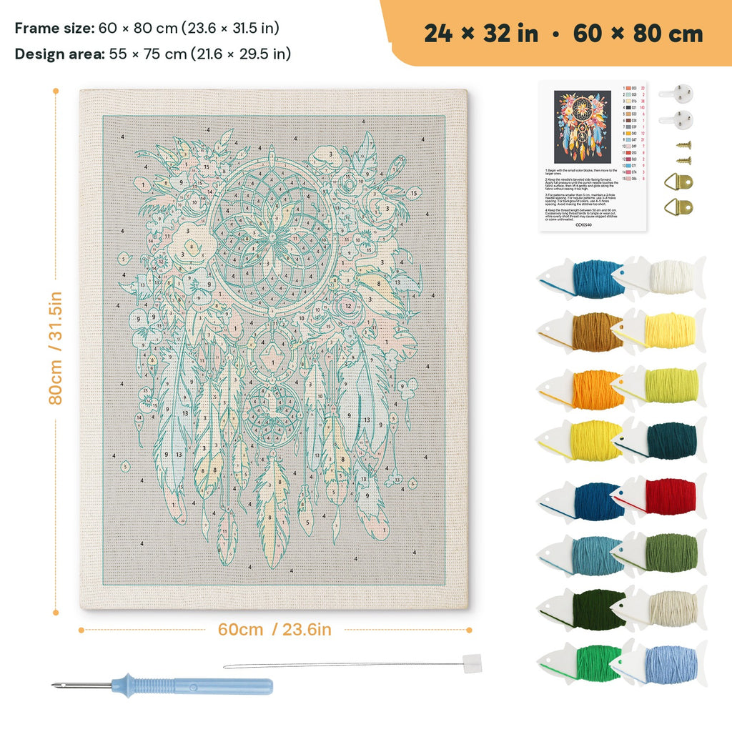 Feather Dreamcatcher punch needle kit, 24 × 32 in (60 × 80 cm): canvas size and kit contents