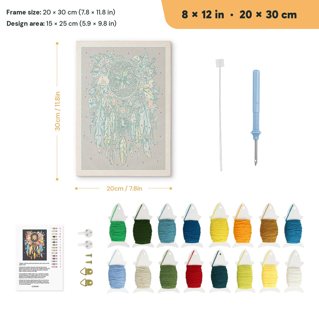 Feather Dreamcatcher punch needle kit, 8 × 12 in (20 × 30 cm): canvas size and kit contents