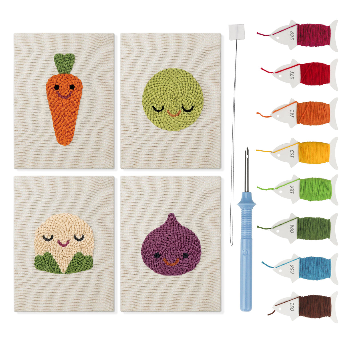 Fig and Cauliflower mini punch needle kit set: four finished canvases with threads, punch needle and threader