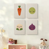 The four Fig and Cauliflower mini canvases on a wall above a shelf