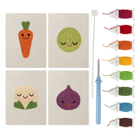 Fig and Cauliflower mini punch needle kit set: four finished canvases with threads, punch needle and threader
